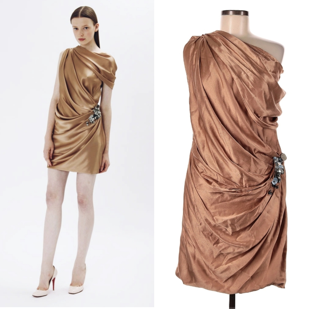 J Mendel Designer Bronze Satin Draped Grecian Silhouette Cocktail Party Dress